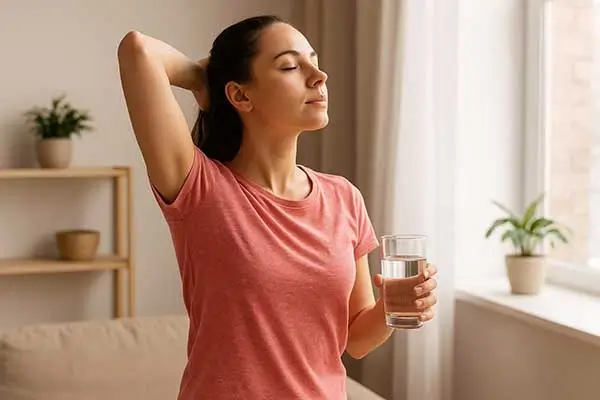 Mulher relaxando perto da janela enquanto segura um copo de água, representando equilíbrio e bem-estar