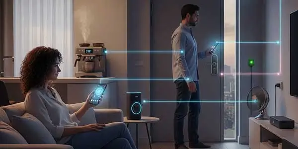Casal em ambiente doméstico controlando luzes, eletrodomésticos e fechadura por smartphone em casa inteligente e conectada.