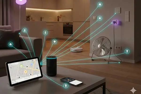 Ambiente doméstico moderno com dispositivos inteligentes integrados a assistente virtual, tablet e smartphone, representando automação residencial.