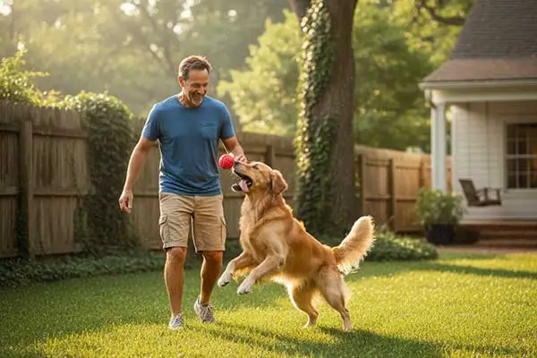 Homem e cão se divertindo, pra que vida melhor?