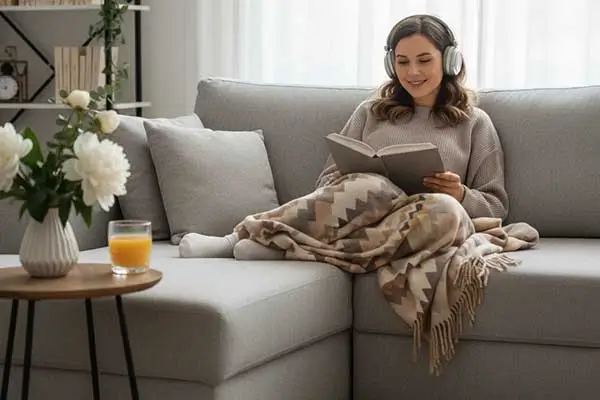 Mulher relaxando no sofá com fones de ouvido, coberta com manta e lendo um livro, em ambiente confortável e acolhedor
