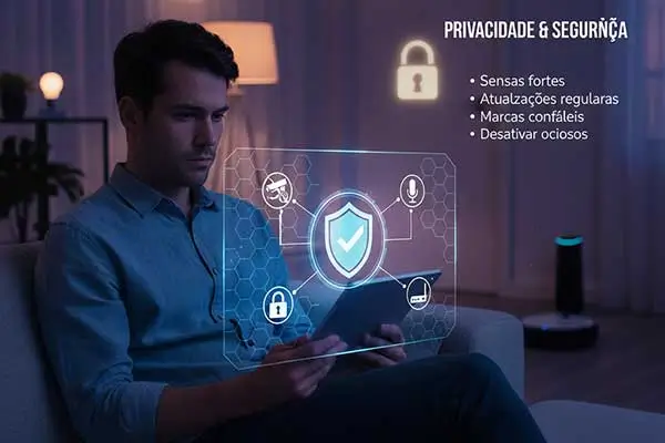 Homem usando tablet em casa inteligente com destaque para ícones de privacidade e segurança digital