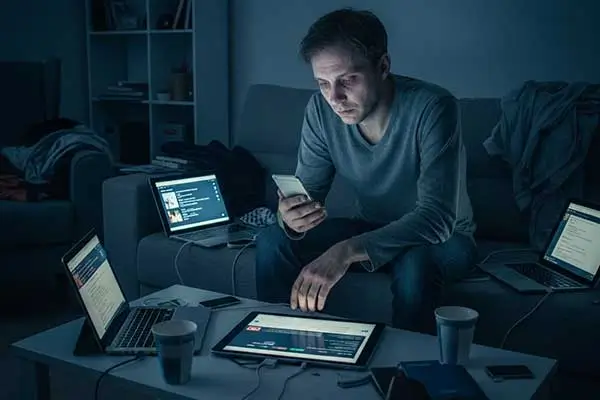 Exaustão digital, excesso de tela azul causa depressão, irritação e insônia.