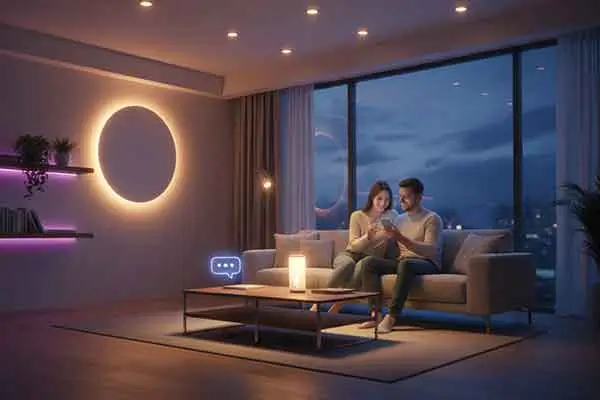 Ambiente acolhedor com iluminação inteligente.