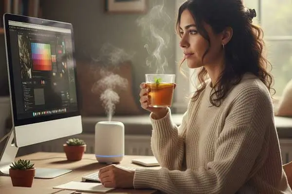 Mulher focada no trabalho, e ao mesmo tempo tomando um chá  natural, quente.