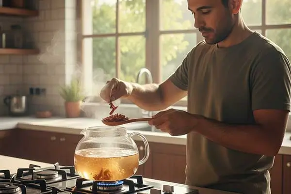 Homem na cozinha fazendo chá em uma chaleira de vidro transparente.