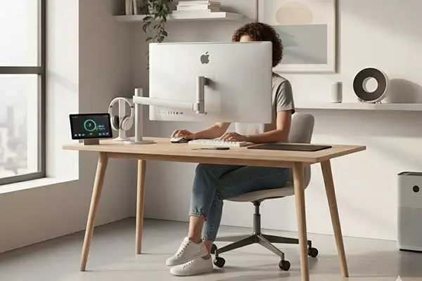 Home office minimalista, mas com gadgets indispensáveis.