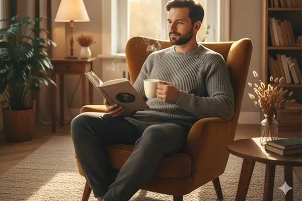 Homem sentado em uma confortável poltrona, tomando um chá e lendo um livro, em um ambiente aconchegante.