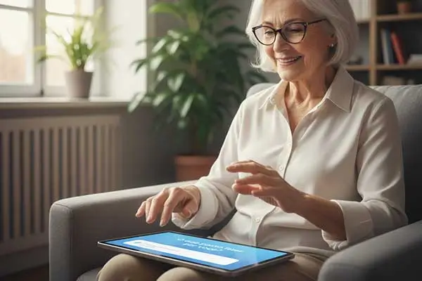 Idosa em inclusão digital, usando um tablet.