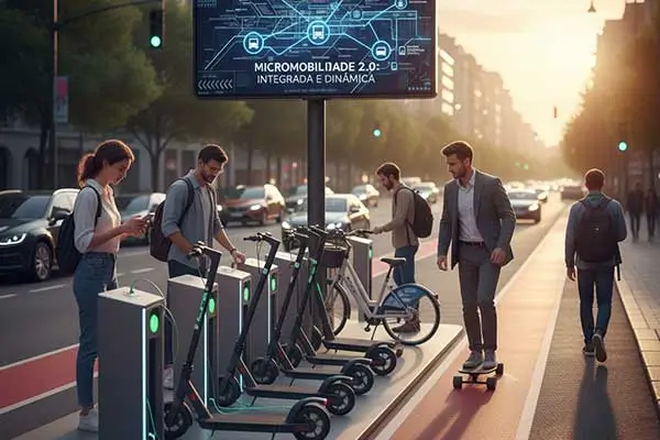 Patinetes, skates e bicicletas elétricas estão conectados a hubs de recarga inteligentes ao lado de uma ciclovia. Veículos ecologicamente correto.