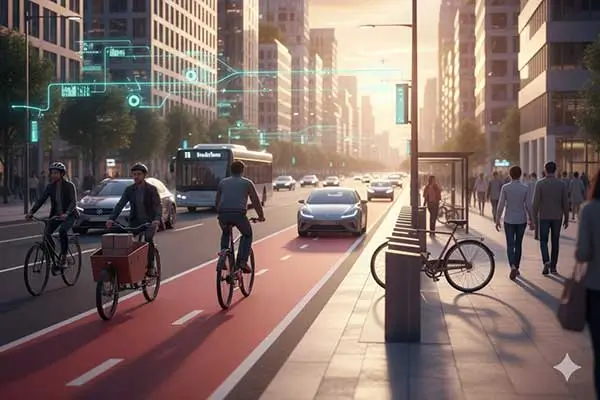 Mobilidade urbana integrando e conectando vários modais: Metrô, ônibus elétrico, bicicleta pública...
