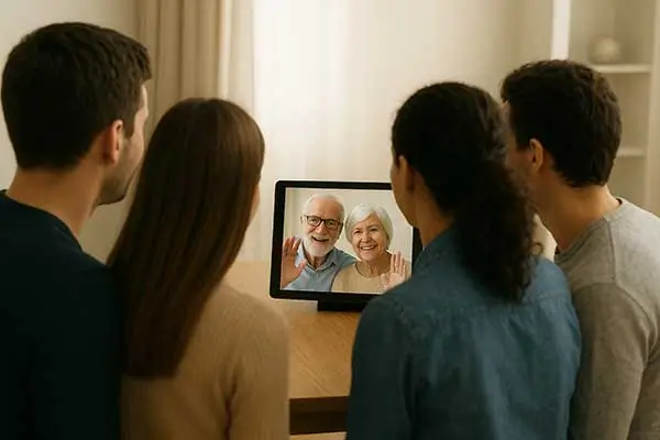 Tecnologia para idosos: Pais e filhos em video-chamada.