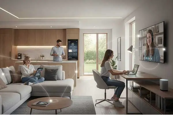 Um lar moderno e integrado com dispositivos em diferentes áreas, um ambiente totalmente conectado com móveis inteligentes e conectados.
