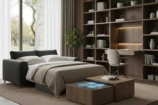 Ambiente moderno com móveis inteligentes, incluindo um sofá-cama, mesas de centro painel de controle iluminado e uma estante embutida com uma mesa de trabalho.