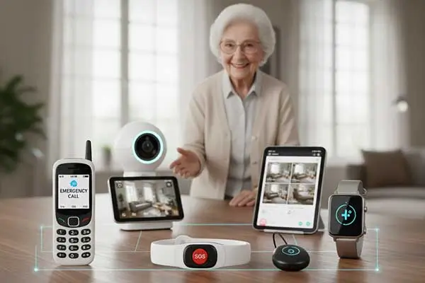 Dispositivos de segurança e tecnologia para idosos.