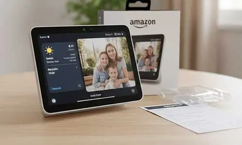 Um Echo Pop original ao lado de sua caixa e nota fiscal sobre uma mesa de madeira, mostrando na prática como funciona a Alexa assim que o dispositivo é ligado