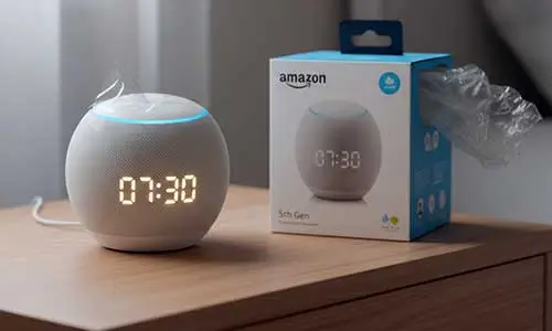 Echo Dot 5ª Geração com relógio digital em uma mesa de cabeceira, destacando o design esférico elegante e como funciona a Alexa para organizar sua rotina matinal.