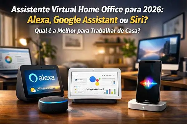 Assistente virtual home office comparando Alexa, Google Assistant e Siri em um ambiente de trabalho moderno