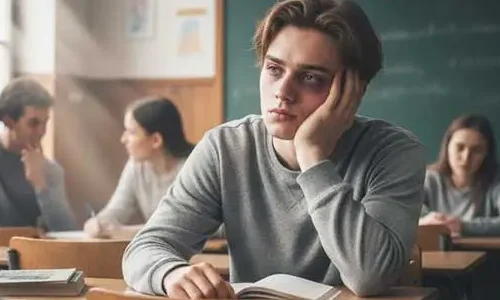 Estudante, na sala de aula, com sintomas de imunidade baixa, sem rendimento, sem foco.