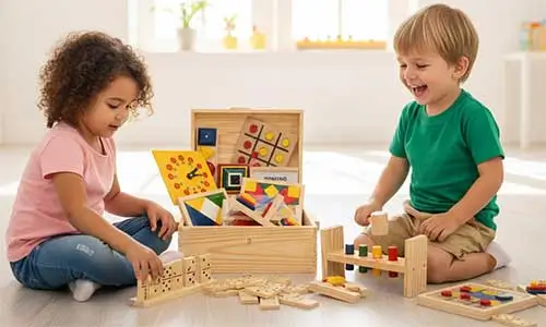 Crianças brincando com baú de madeira contendo diversos jogos educativos: coordenação motora, o raciocínio lógico e o aprendizado lúdico longe das telas.