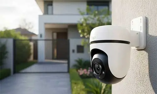 Câmera externa inteligente de CFTV     360° instalada em fachada residencial com proteção climática para vigilância 24h.