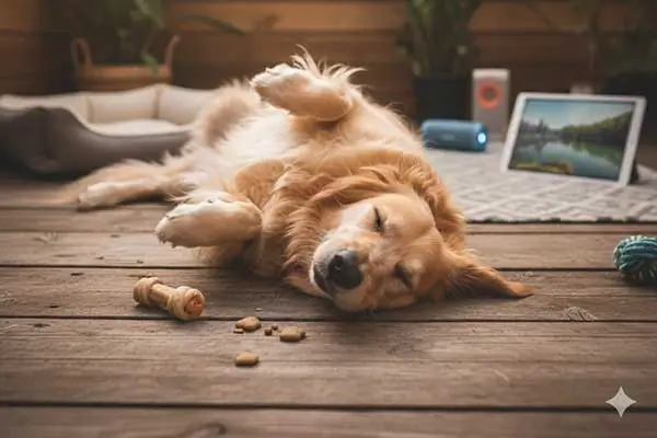 Cachorro tranquilo descansando sozinho em casa, resultado esperado após resolver episódios de cachorro latindo quando fica sozinho.