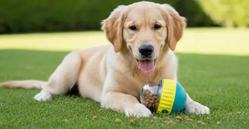 Cachorro deitado na grama ao lado de um brinquedo dispensador de ração interativo para controle de ansiedade