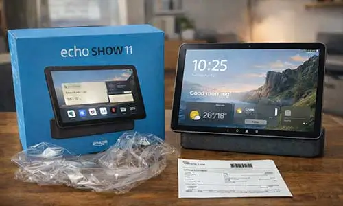 Dispositivo Echo Show 11 configurado como assistente virtual home office em uma mesa de trabalho.