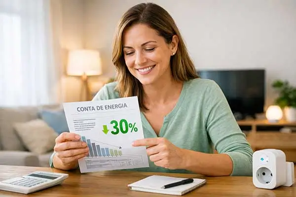 Mulher em casa analisando a conta de luz com gráfico de redução de 30%, ilustrando como economizar energia no dia a dia.