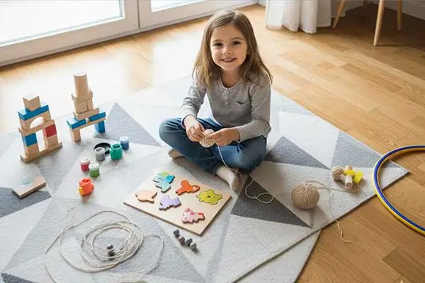 Criança sentada no tapete brincando com jogos educativos de madeira e encaixe para estimular atenção e foco.