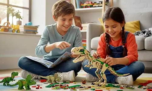Crianças montando juntas um dinossauro de blocos de montar, um dos jogos educativos do tipo 3 em 1 que estimulam a criatividade, a colaboração e o raciocínio espacial.