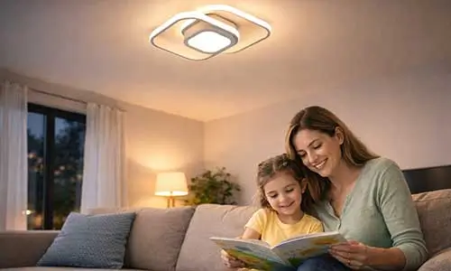 Família confortável sob iluminação moderna de uma Luminária Plafon LED, destacando a economia de energia e o design elegante em um ambiente aconchegante