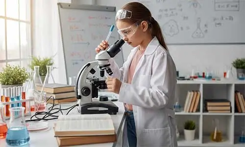 Menina usando jaleco e óculos de proteção observa uma lâmina em um microscópio infantil: Curiosidade científica e o foco no detalhe para pequenos exploradores