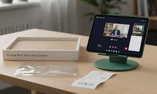 Google Pixel Tablet verde montado em sua base de carregamento com alto-falante, ideal para atuar como um assistente virtual home office eficiente.