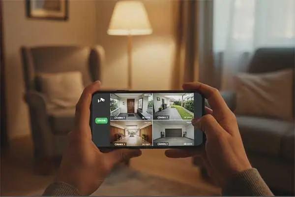 Câmera de segurança Wi-Fi monitorando entrada residencial através do CFTV.
