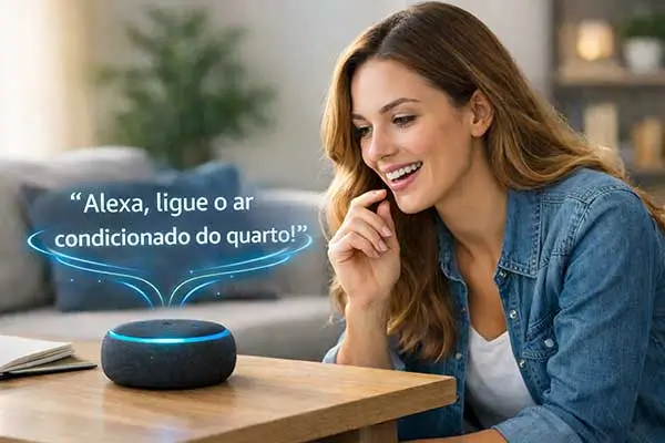 Mulher sorridente dando comandos de voz a um dispositivo Echo Dot após aprender como configurar alexa em sua casa