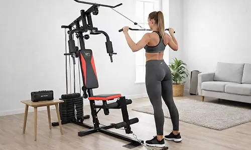 Mulher realizando exercícios para tríceps em casa utilizando a Estação de Musculação  Wct Fitness 45kg