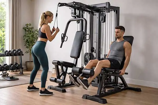 Exercícios para tríceps em estação de musculação residencial, com treino completo de braços e pernas em casa