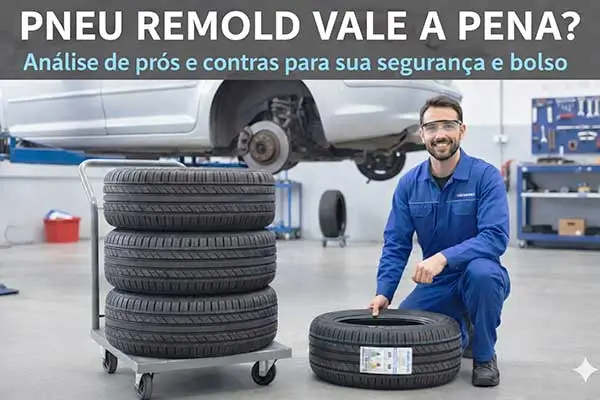 Mecânico em oficina automotiva ao lado de pneus, sinalizando que pneu remold vale a pena em termos de segurança e economia.