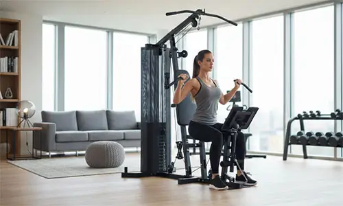 Mulher sentada utilizando a Estação de Musculação Podiumfit ME500 para realizar exercícios para tríceps em uma sala de estar moderna.