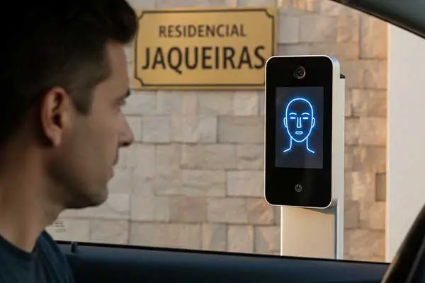 Homem dentro de um carro utilizando sistema de portaria remota com reconhecimento facial em um condomínio residencial