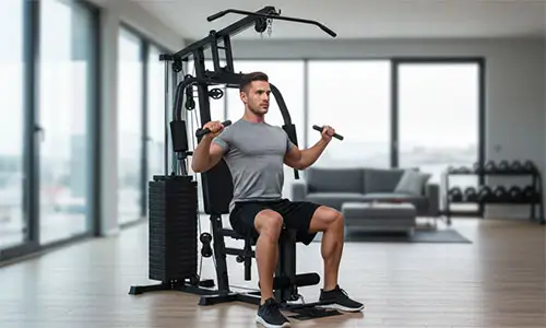 Homem em casa praticando exercícios para tríceps na Estação  Estação de Musculação MBX 80kg 