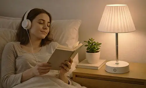 Mulher na cama, recostada em travesseiro, lendo um livro e usando iluminação âmbar. O relaxamento para dormir é crucial para dormir bem.
