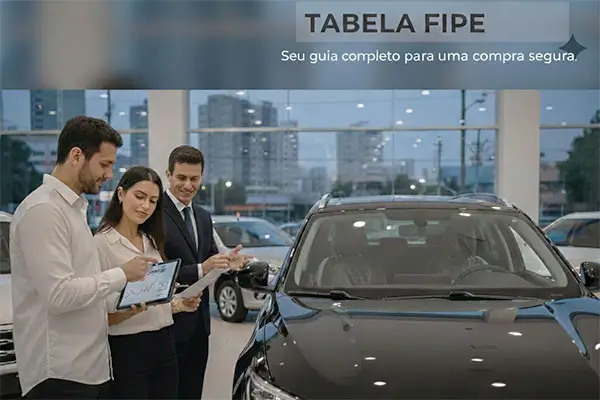 Casal consultando dados da tabela fipe, em um tablet ao lado de um vendedor em uma concessionária de veículos modernos