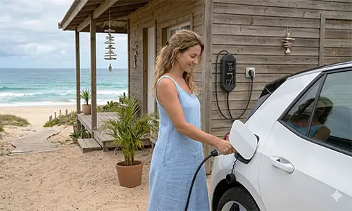 Mulher na casa de praia utilizando o carregador portátil IPE S3 3,5kW que carrega seu veículo elétrico mesmo sem aterramento.