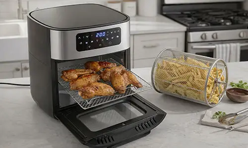 A air fryer gasta muita energia? Fritadeira 3 em 1 Oster em formato de forno, com porta de vidro transparente, é possível ver um frango inteiro assando.