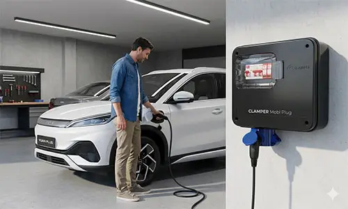 Homem na garagem, utilizando o carregador portátil em conjunto com o Clamper Mobi Plug para carregar seu veículo elétrico co segurança.